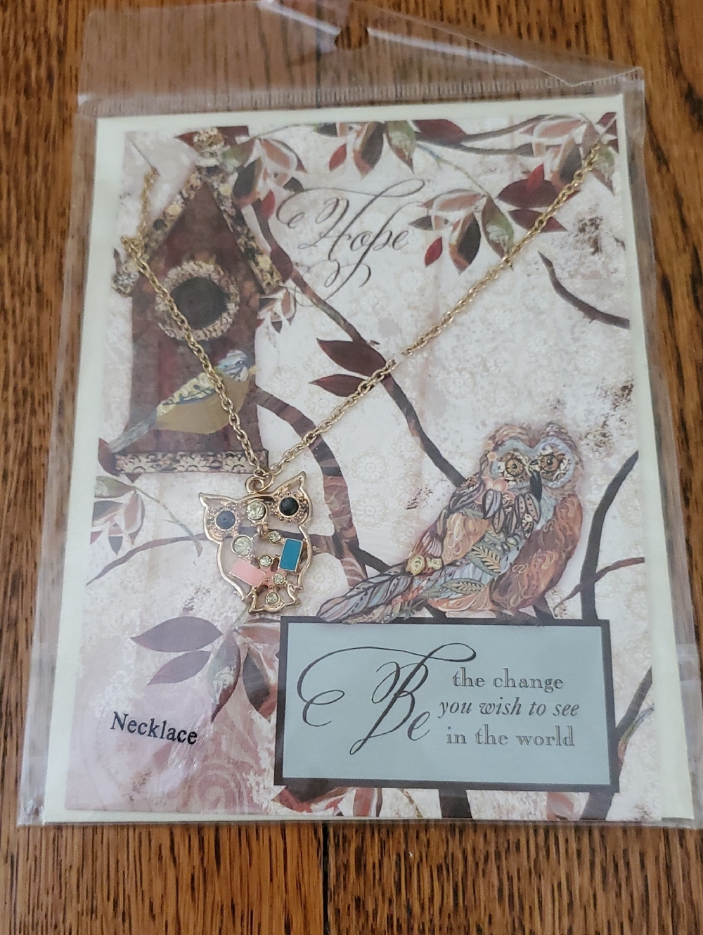 New - "Hope" Card with Owl Pendant Necklace with Multicolor Accent Stones